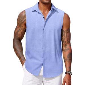 imageCOOFANDY Mens Sleeveless Button Down Beach Shirts Casual Summer Tank Tops Collared Imitation Linen Tank ShirtBright Blue