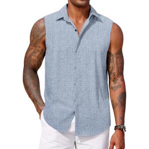 imageCOOFANDY Mens Sleeveless Button Down Beach Shirts Casual Summer Tank Tops Collared Imitation Linen Tank ShirtLight Denim Blue