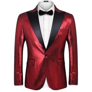 imageCOOFANDY Mens Stylish Classic Dress Suit Solid Red Lapel Blazer Tuxedo Coat Wine Red Large