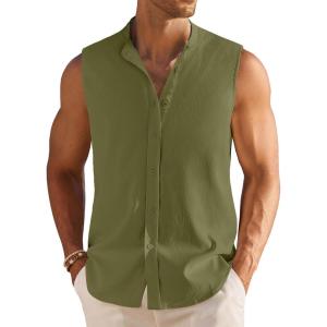 imageCOOFANDY Mens Summer Beach Tank Tops Sleeveless Button Up Shirt Casual Textured Tank ShirtsArmy Green
