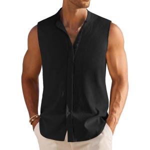 imageCOOFANDY Mens Summer Beach Tank Tops Sleeveless Button Up Shirt Casual Textured Tank ShirtsBlack