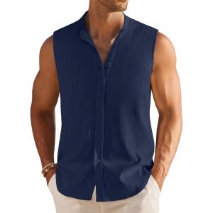 imageCOOFANDY Mens Summer Beach Tank Tops Sleeveless Button Up Shirt Casual Textured Tank ShirtsNavy Blue