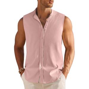 imageCOOFANDY Mens Summer Beach Tank Tops Sleeveless Button Up Shirt Casual Textured Tank ShirtsPink