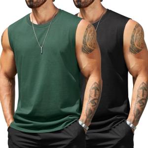 imageCOOFANDY Mens Tank Top Cotton Workout Sleeveless Muscle T Shirts Casual Summer Tank ShirtsBlackGreen 2 Pcs