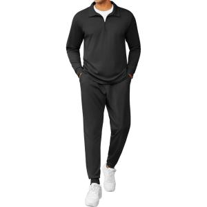 imageCOOFANDY Mens Tracksuit 2 Piece Quarter Zip Polo Athletic Sweatsuits Casual Running Jogging Sport Suit SetsAll Black