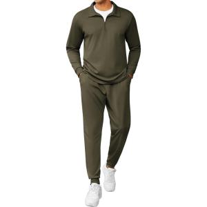 imageCOOFANDY Mens Tracksuit 2 Piece Quarter Zip Polo Athletic Sweatsuits Casual Running Jogging Sport Suit SetsArmy Green