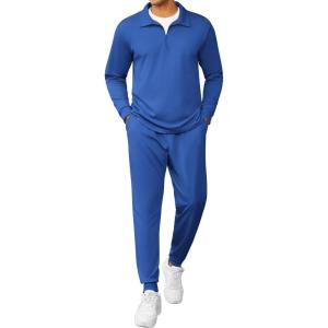 imageCOOFANDY Mens Tracksuit 2 Piece Quarter Zip Polo Athletic Sweatsuits Casual Running Jogging Sport Suit SetsBlue