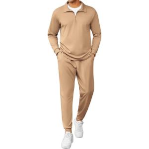 imageCOOFANDY Mens Tracksuit 2 Piece Quarter Zip Polo Athletic Sweatsuits Casual Running Jogging Sport Suit SetsKhaki
