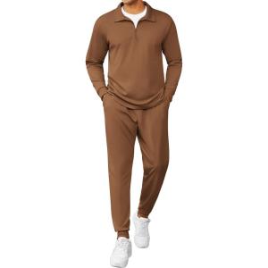 imageCOOFANDY Mens Tracksuit 2 Piece Quarter Zip Polo Athletic Sweatsuits Casual Running Jogging Sport Suit SetsLight Brown