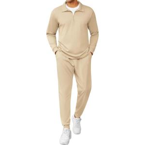 imageCOOFANDY Mens Tracksuit 2 Piece Quarter Zip Polo Athletic Sweatsuits Casual Running Jogging Sport Suit SetsLight Khaki
