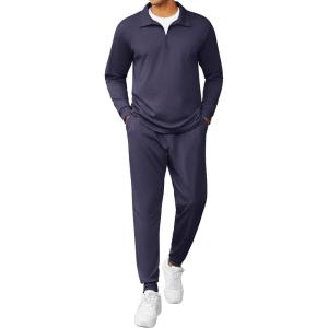 imageCOOFANDY Mens Tracksuit 2 Piece Quarter Zip Polo Athletic Sweatsuits Casual Running Jogging Sport Suit SetsNavy Blue