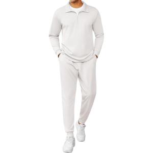 imageCOOFANDY Mens Tracksuit 2 Piece Quarter Zip Polo Athletic Sweatsuits Casual Running Jogging Sport Suit SetsWhite