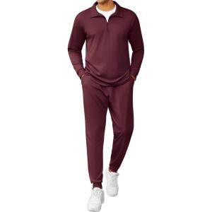 imageCOOFANDY Mens Tracksuit 2 Piece Quarter Zip Polo Athletic Sweatsuits Casual Running Jogging Sport Suit SetsWine Red