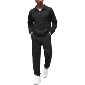 imageCOOFANDY Mens Tracksuit 2 Piece Quarter Zip Sweatsuit Workout Plaid Jacquard Jogging Suit SetBlack