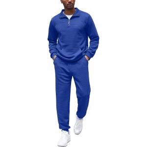 imageCOOFANDY Mens Tracksuit 2 Piece Quarter Zip Sweatsuit Workout Plaid Jacquard Jogging Suit SetBlue