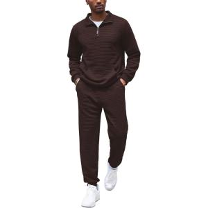 imageCOOFANDY Mens Tracksuit 2 Piece Quarter Zip Sweatsuit Workout Plaid Jacquard Jogging Suit SetBrown