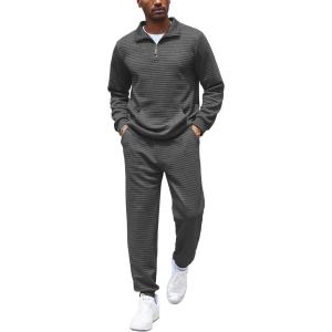 imageCOOFANDY Mens Tracksuit 2 Piece Quarter Zip Sweatsuit Workout Plaid Jacquard Jogging Suit SetDark Grey