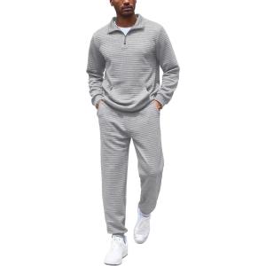 imageCOOFANDY Mens Tracksuit 2 Piece Quarter Zip Sweatsuit Workout Plaid Jacquard Jogging Suit SetLight Grey