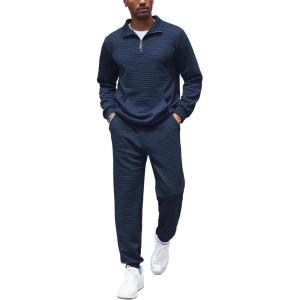 imageCOOFANDY Mens Tracksuit 2 Piece Quarter Zip Sweatsuit Workout Plaid Jacquard Jogging Suit SetNavy Blue