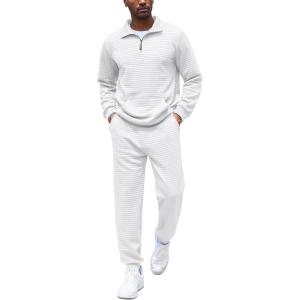 imageCOOFANDY Mens Tracksuit 2 Piece Quarter Zip Sweatsuit Workout Plaid Jacquard Jogging Suit SetWhite