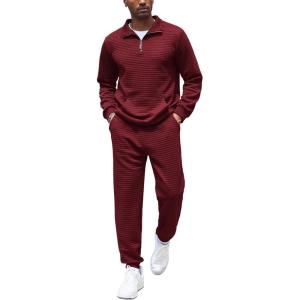 imageCOOFANDY Mens Tracksuit 2 Piece Quarter Zip Sweatsuit Workout Plaid Jacquard Jogging Suit SetWine Red