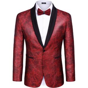 imageCOOFANDY Mens Tuxedo Jacket Slim Fit Shawl Lapel Blazer One Button Suit Jackets for Party Prom Wedding DinnerWine Red