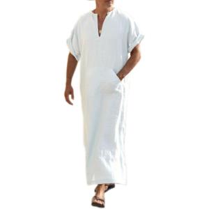 imageCOOFANDY Mens VNeck Linen Robe Short Sleeve Kaftan Thobe Long Gown Casual Shirt for Beach Summer01white