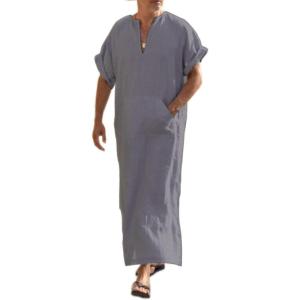 imageCOOFANDY Mens VNeck Linen Robe Short Sleeve Kaftan Thobe Long Gown Casual Shirt for Beach SummerDark Grey