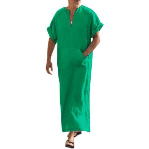 imageCOOFANDY Mens VNeck Linen Robe Short Sleeve Kaftan Thobe Long Gown Casual Shirt for Beach SummerDeep Green