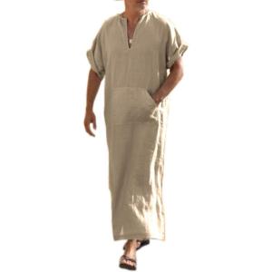 imageCOOFANDY Mens VNeck Linen Robe Short Sleeve Kaftan Thobe Long Gown Casual Shirt for Beach SummerKhaki