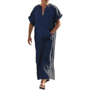 imageCOOFANDY Mens VNeck Linen Robe Short Sleeve Kaftan Thobe Long Gown Casual Shirt for Beach SummerNavy Blue