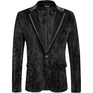 imageCOOFANDY Mens Velvet Blazer Notched Lapel One Button Velour Tuxedo Jacket for Prom Wedding Party DinnerBlack Floral