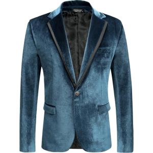 imageCOOFANDY Mens Velvet Blazer Notched Lapel One Button Velour Tuxedo Jacket for Prom Wedding Party DinnerDark Blue Peacock