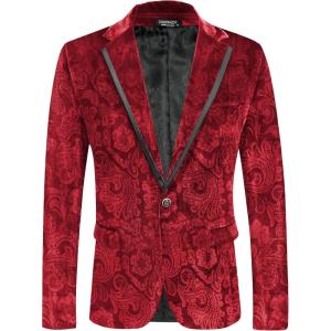 imageCOOFANDY Mens Velvet Blazer Notched Lapel One Button Velour Tuxedo Jacket for Prom Wedding Party DinnerRed Floral