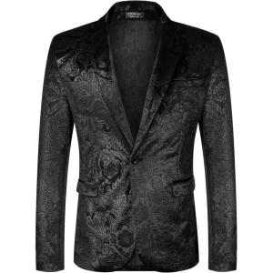 imageCOOFANDY Mens Velvet Blazer Notched Lapel Velour Suit Jacket One Button Tuxedo Jackets for Wedding Prom Party DinnerBlack Floral