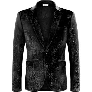 imageCOOFANDY Mens Velvet Blazer Notched Lapel Velour Suit Jacket One Button Tuxedo Jackets for Wedding Prom Party DinnerBlack Retro Floral