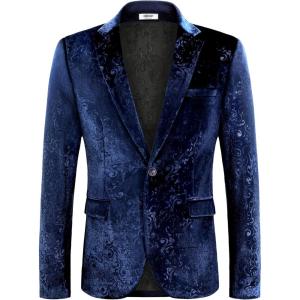 imageCOOFANDY Mens Velvet Blazer Notched Lapel Velour Suit Jacket One Button Tuxedo Jackets for Wedding Prom Party DinnerBlue Retro Floral