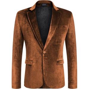 imageCOOFANDY Mens Velvet Blazer Notched Lapel Velour Suit Jacket One Button Tuxedo Jackets for Wedding Prom Party DinnerBrown