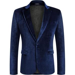 imageCOOFANDY Mens Velvet Blazer Notched Lapel Velour Suit Jacket One Button Tuxedo Jackets for Wedding Prom Party DinnerDark Blue