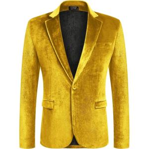 imageCOOFANDY Mens Velvet Blazer Notched Lapel Velour Suit Jacket One Button Tuxedo Jackets for Wedding Prom Party DinnerGold Yellow
