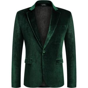 imageCOOFANDY Mens Velvet Blazer Notched Lapel Velour Suit Jacket One Button Tuxedo Jackets for Wedding Prom Party DinnerGreen