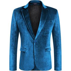 imageCOOFANDY Mens Velvet Blazer Notched Lapel Velour Suit Jacket One Button Tuxedo Jackets for Wedding Prom Party DinnerLake Blue