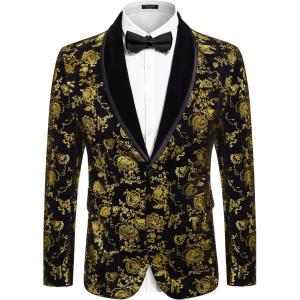 imageCOOFANDY Mens Velvet Tuxedo Floral Blazer Jacket One Button Shawl Lapel Suit Jacket for Dinner Prom Party WeddingGolden