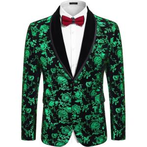 imageCOOFANDY Mens Velvet Tuxedo Floral Blazer Jacket One Button Shawl Lapel Suit Jacket for Dinner Prom Party WeddingGreen