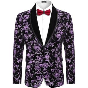 imageCOOFANDY Mens Velvet Tuxedo Floral Blazer Jacket One Button Shawl Lapel Suit Jacket for Dinner Prom Party WeddingPurple