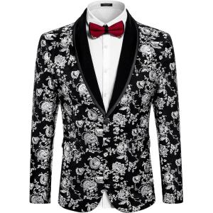 imageCOOFANDY Mens Velvet Tuxedo Floral Blazer Jacket One Button Shawl Lapel Suit Jacket for Dinner Prom Party WeddingSilver