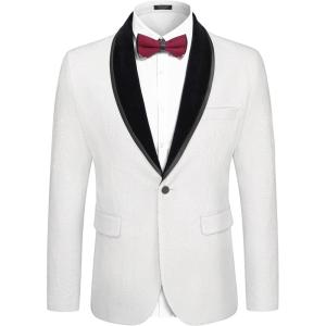 imageCOOFANDY Mens Velvet Tuxedo Floral Blazer Jacket One Button Shawl Lapel Suit Jacket for Dinner Prom Party WeddingWhite