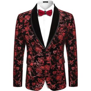 imageCOOFANDY Mens Velvet Tuxedo Floral Blazer Jacket One Button Shawl Lapel Suit Jacket for Dinner Prom Party WeddingWine Red