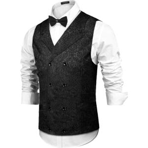 imageCOOFANDY Mens Victorian Vest Steampunk Double Breasted Suit Vest Slim Fit Brocade Paisley Floral WaistcoatBlack