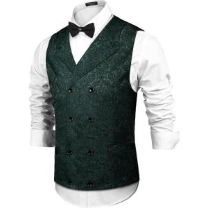 imageCOOFANDY Mens Victorian Vest Steampunk Double Breasted Suit Vest Slim Fit Brocade Paisley Floral WaistcoatDark Green